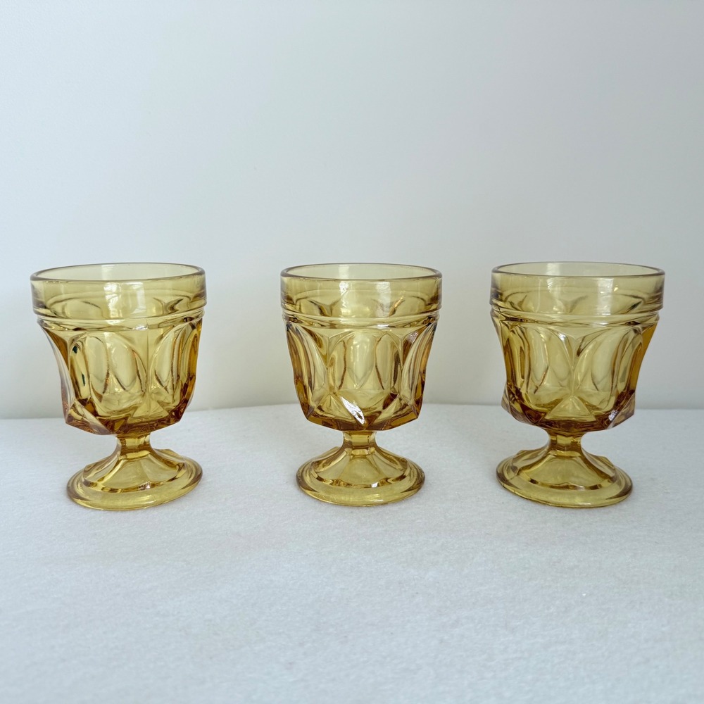 Vintage Amber Color Glass Goblets‎ Set of 3 Paneled Thumbprint Mid Century